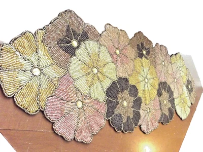 Vintage Pier 1 Autumn Fall Colors Floral Beaded Heavy Table Runner 34"x13" - Image 1 of 4