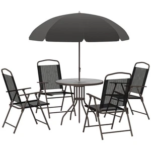 6 Piece Patio Dining Set with Umbrella, 4 Folding Chairs & Glass Table, Black - Picture 1 of 11