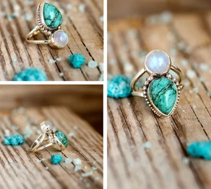 Two Stone Moonstone Turquoise Ring, Sterling Silver Ring for Women, Blue Stone - Picture 1 of 12