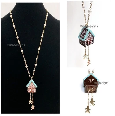 NWT Betsey Johnson GINGERBREAD HOUSE Gold Tone Faux Pearl Glass Stones Necklace - Image 1 of 4