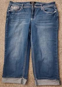 Earl Jean Capri Bling Pocket Cropped Medium Wash Thick Stitch Denim Jeans Sz 10 - Picture 1 of 22