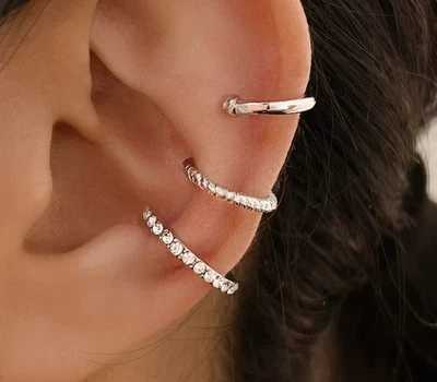 Set mit 3 Ohrclips Ohrringe Ohr Manschetten Fake Piercing silber-farbig Strass - Bild 1 von 2