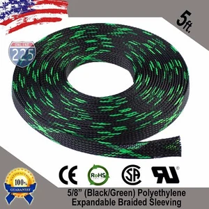 5 FT. 5/8" Black Green Expandable Wire Sleeving Sheathing Braided Loom Tubing US - Picture 1 of 1