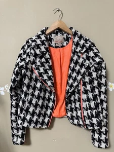 Review womens Cropped blazer jacket M black Ivory houndstooth long sleeve - Picture 1 of 7