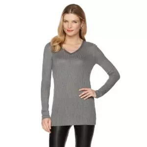 PAMELA DENNIS Gr. L gerippter Schlankmacher Pullover Strass verziert V-Ausschnitt GRAU - Bild 1 von 4