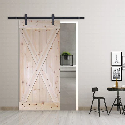 Herrajes para puertas correderas negras esmeriladas de 6 pies con interior de pino sin terminar hágalo usted mismo puerta de granero Foto 1 de 4