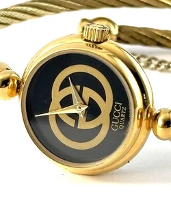 Gucci 2047L Black Dial Gold Tone Cable Bangle Bracelet Quartz Ladies Watch - Picture 1 of 10