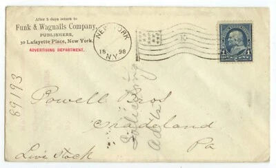 1898 New York 3rd Class Flag Funk Wagnalls Shadeland Pennsylvania DPO backstamp - Image 1 of 2