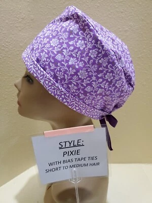Hibiscus Flowers Purple Pixie Skull Women's Surgical Scrub Hat/Cap Handmade - Image 1 of 4