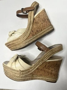 Prada Wedge Sandal Espadrille Nude Patent Bow EUR 37 shoes corch usa 6.5 - Picture 1 of 18