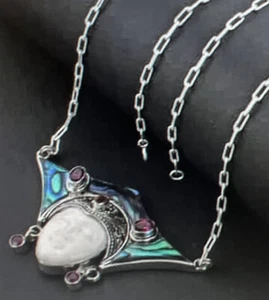 Bali Goddess Carved Multi Gemstone Necklace 22 Inches in Sterling Silver - Picture 1 of 12
