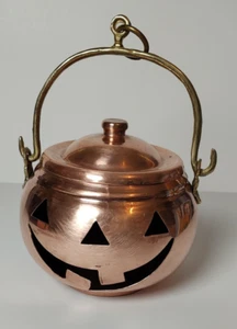 5" Copper Lidded Pot w/Brass Handle Pumpkin Jack-O-Lantern Turkey - Picture 1 of 8