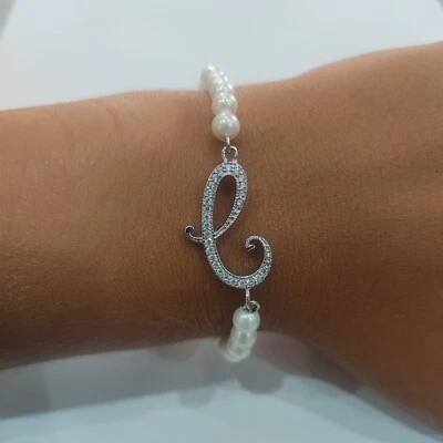 BRACCIALE PERLE DI 4MM LETTERA ( C ) IN ARGENTO 925 RODIATO IN ORO BIANCO 18KT - Immagine 1 di 2