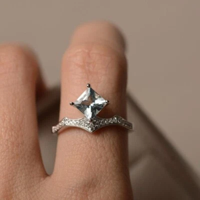 1.20 Ct Princess Real Aquamarine &Diamond Engagement Ring 14K Solid White Gold - Image 1 of 4