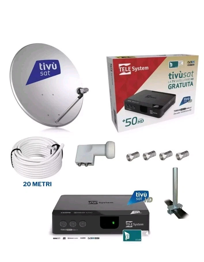 KIT-SATELLITARE  TIVÙSAT + DECODER HD + PARABOLA 65CM+LNB+20 MT CAVO + SUPP - Immagine 1 di 1