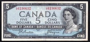 Canada 1954 $5 Five Dollar Banknote Beattie - Coyne Nice Colour R/C 6190632 - Picture 1 of 2