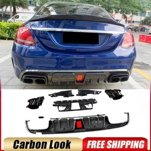 Fits Benz W205 Sport C43 C63AMG Carbon Look Rear Bumper Diffuser Lip Exhaust Tip - Bild 1 von 15