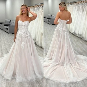 Vestidos de novia rosa rubor apliques de encaje línea A barrido tren vestidos de novia - Imagen 1 de 10