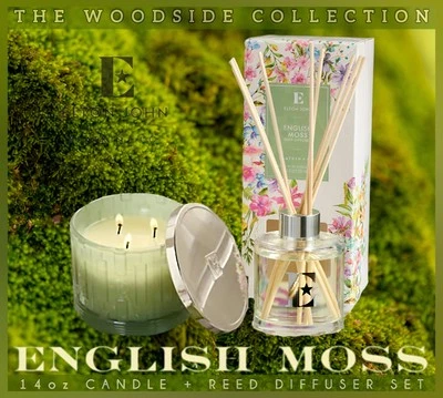 Juego difusor vela + caña Elton John Woodside Collection "English Muss" 14 oz Foto 1 de 4