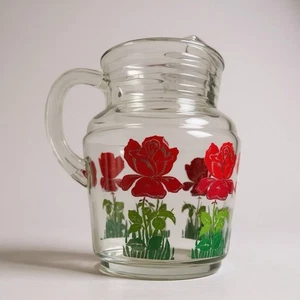 Vintage 50's 2 qt Glass Pitcher Red Flowers MCM - Picture 1 of 6