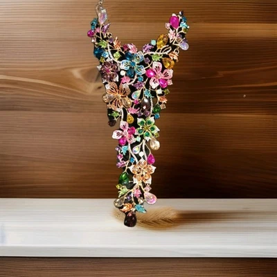 Natasha Colorful Crystal Floral Bib Statement Necklace Goldtone  - Image 1 of 4