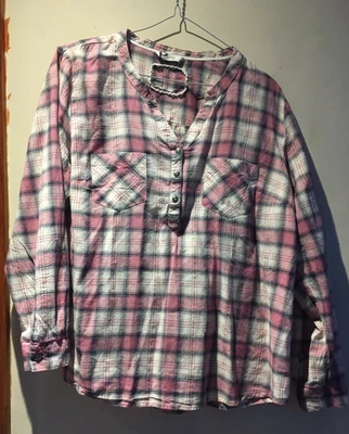 BHS Size 18 PETITE Pink, White & Blue Checked Top - Long Roll Up Sleeve - Image 1 of 4