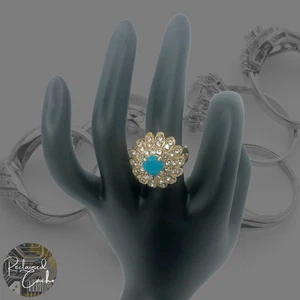 Goldfarben Metall Blau Strass Statement Cocktail Ring Modeschmuck Größe 8 - Bild 1 von 7
