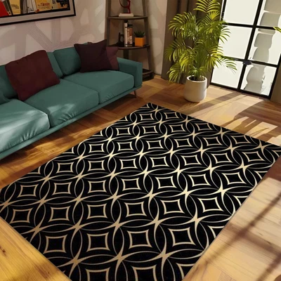 Modern Art Deco Circles Pattern Area Rug | Black & Gold Decor - Image 1 of 4