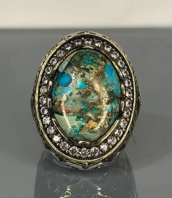 Sterling Silver Turquoise Ottoman Ring: Engraved Signet, Bronze Accent - Image 1 of 4