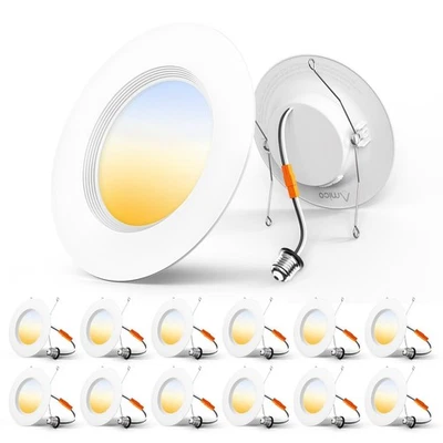 Paquete de 12 luces empotradas LED 5/6 pulgadas 3CCT, regulables, clasificación de humedad, 12,5 W = 100 W... Foto 1 de 4