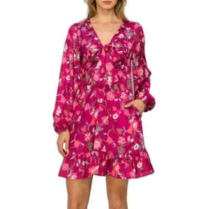 Melloday V-NECK LONG SLEEVE DRESS IN MAGENTA PRINT Women’s Size XS - Picture 1 of 4