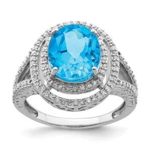 Sterling Silver Rhodium Oval Blue Topaz & Diamond Ring for Women Size 7 - Picture 1 of 5