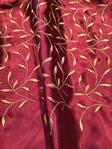 FX-SILK FABRIC SATIN RUBY RED & GOLD EMBROIDERED LEAVES 56 X 80 CMS. FREEPOST! - Picture 1 of 4