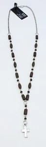 New Silver Cross Pendant Rosary Necklace with Wood Beads nwt #N2412 - Picture 1 of 2