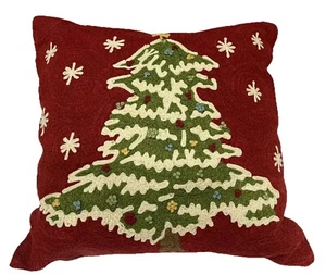 Pottery Barn CHRISTMAS TREE Crewel Embroidered 18” Pillow Cover ~ Holiday ~ EUC - Picture 1 of 4
