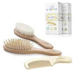 Baby Hair Brush & Comb Set: 3-Pack Wooden Infant Goat Bristles Brush, Detangling - Picture 1 of 5