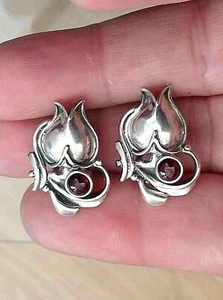 Fantastici Pendenti Disegno Da Una Rosa Stile Art Nouveau Argento E Ametista - Foto 1 di 2