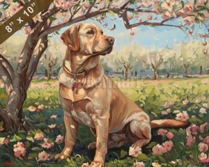 Pintura de perro Labrador Retriever en un huerto en flor impresión 8x10 - Imagen 1 de 1
