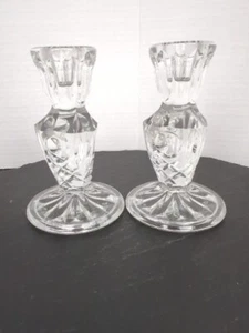 Pair Of Lead Crystal Bohemian Thumbprint Candlesticks, Vtg, Unmarked, 1980s - Picture 1 of 9