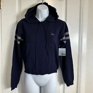 Stussy Vintage womens hooded Sweater wool blend Size sm Stripe with Logo NWT - Picture 1 of 8
