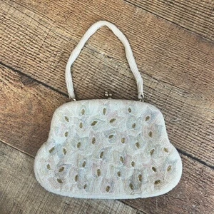 Vintage Handtasche Abendtasche Handtasche Damen Perlen weiß Kiss Lock Einzelriemen - Bild 1 von 13