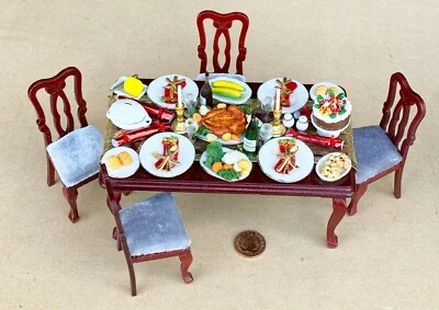 Doll House Christmas Dinner On A Wooden Table With 4 Places 1:12 Scale KM tumdee - Image 1 of 4