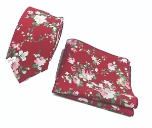 New Vintage Red Pink White Floral Skinny Tie Pocket Square Set Wedding Slim - Picture 1 of 3