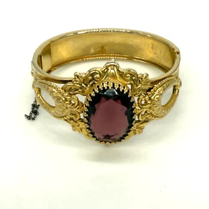 Vintage Armreif Armband Victorian Revival goldfarben groß lila Glas mittig - Bild 1 von 9