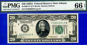 1928A $20 FRN Atlanta PMG Gem 66PPQ 2nd highest graded Atlanta Fr 2051-F - Picture 1 of 3
