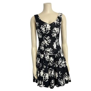 Laura Ashley Black White Floral Fit Flare Sleeveless Dress Womens 6 Tulle - Picture 1 of 13