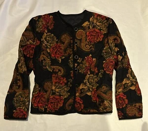 St Michael Vintage Padded Quilted Floral Black Jacket Blazer Size 16 Uk - Picture 1 of 6