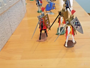 3 Mounted Timpo 1/32nd Jousting Knight 1971 all Red Blankets (Feb.listing) - Picture 1 of 8