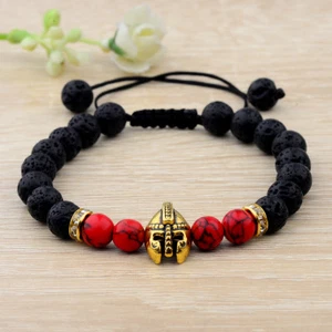 8mm Black Natural Lava Stone Gold Spartan Helmet Charm Macrame Braided Bracelet - Picture 1 of 6
