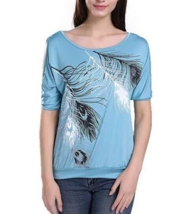 Camisas estampadas de plumas - Camiseta informal de manga corta tipo suelto cuello redondo para mujer - Imagen 1 de 10